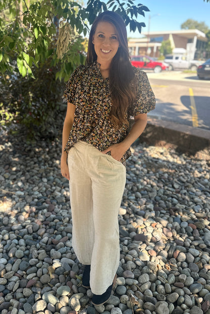 Black Floral Puff Sleeve Blouse