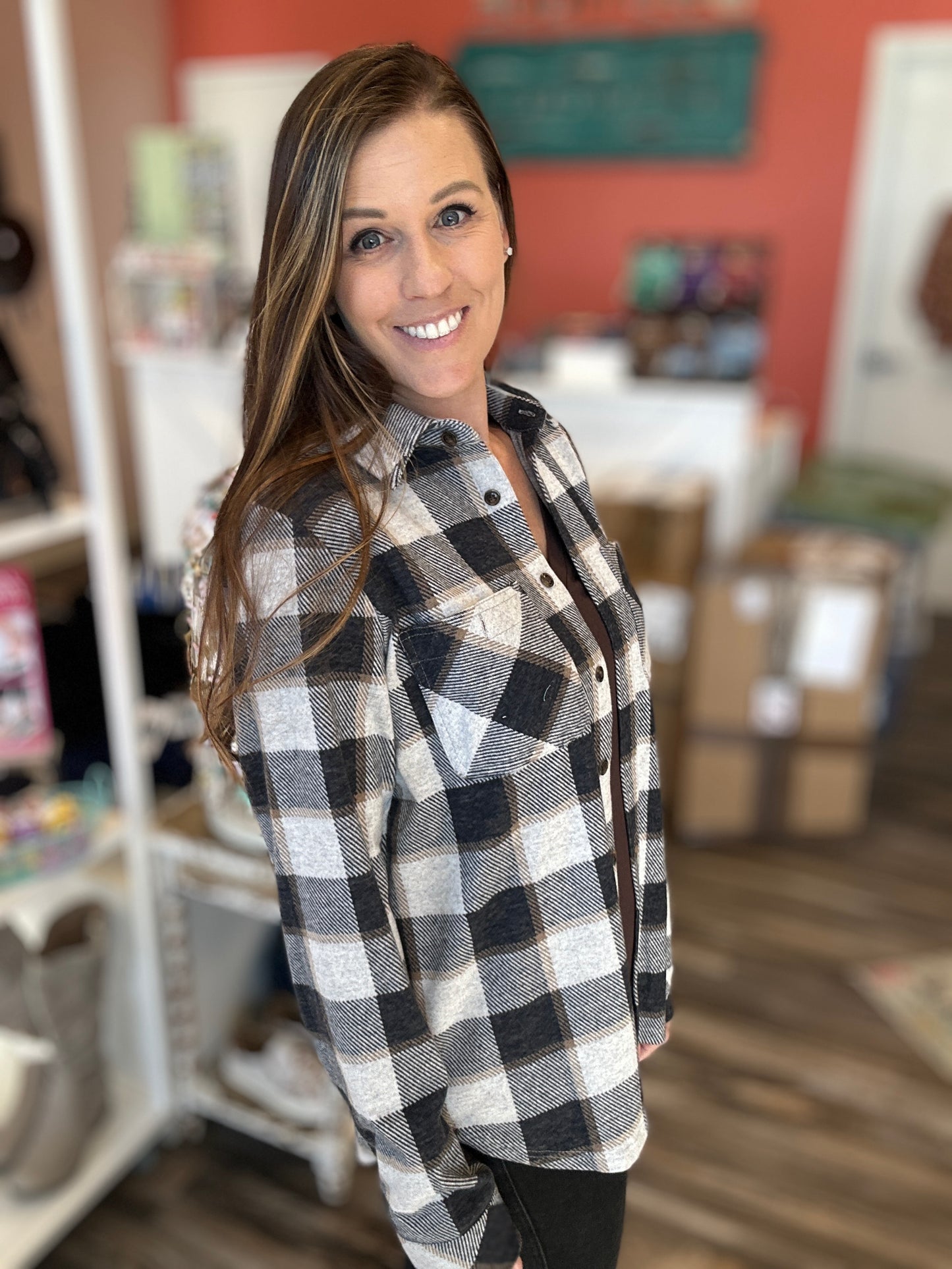 Navy and Cream Plaid Button Up