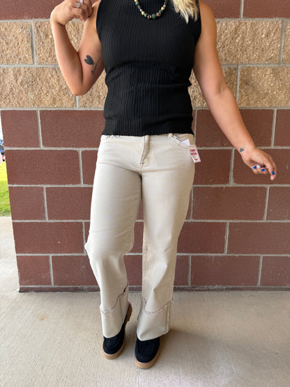 Almond Wide Leg Cuffed Pants