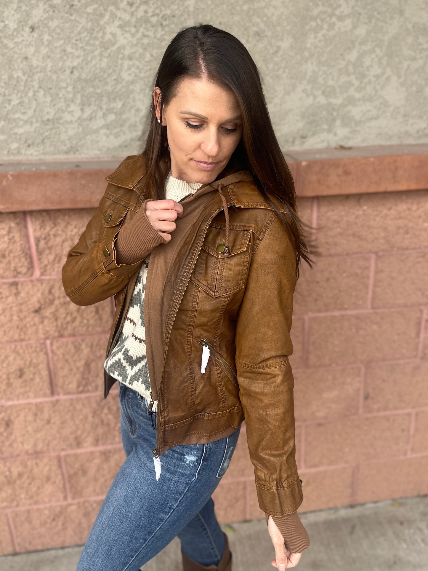 Leather Bomber Jacket with Removable Hood