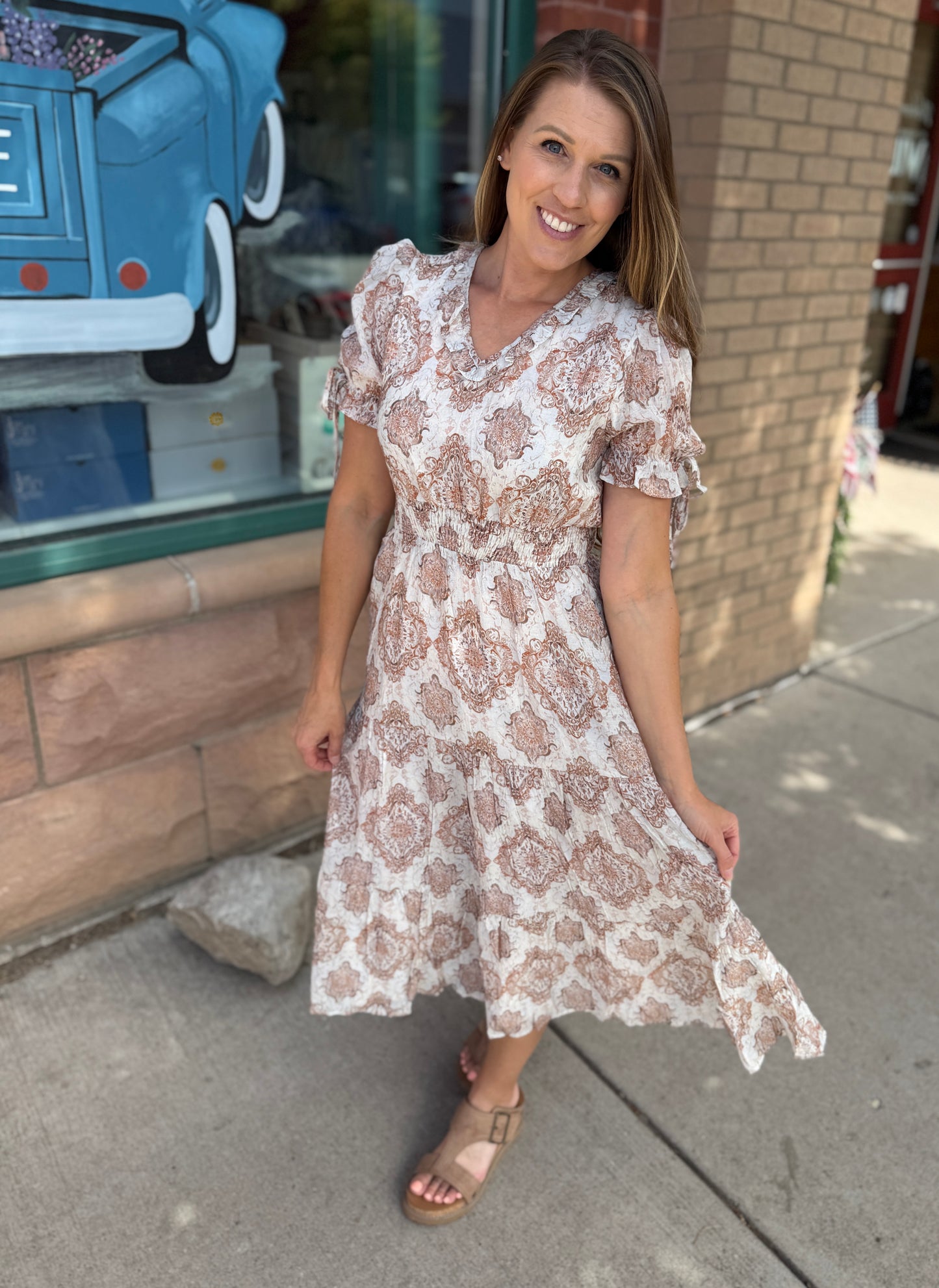 Smocked Waist Tie Sleeve Dress