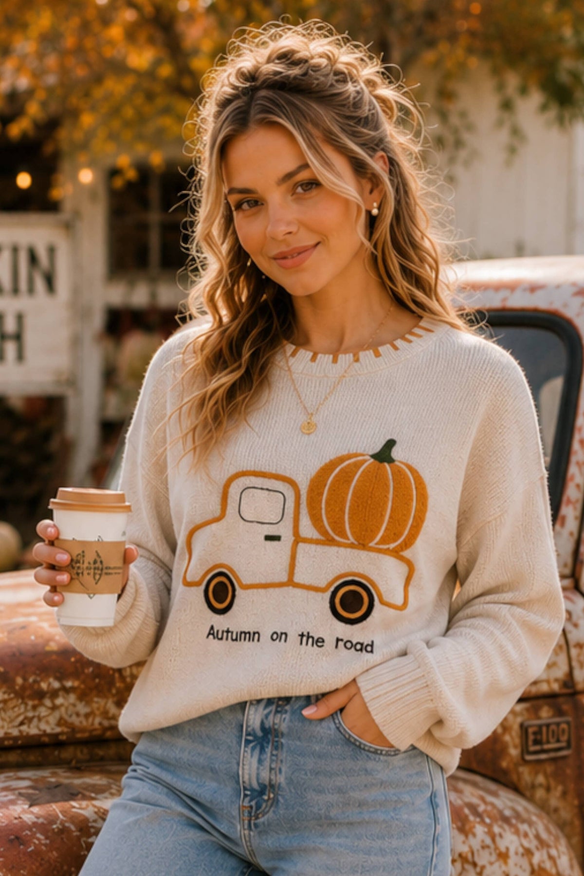Autumn on the Road Pumpkin Truck Graphic Sweater
