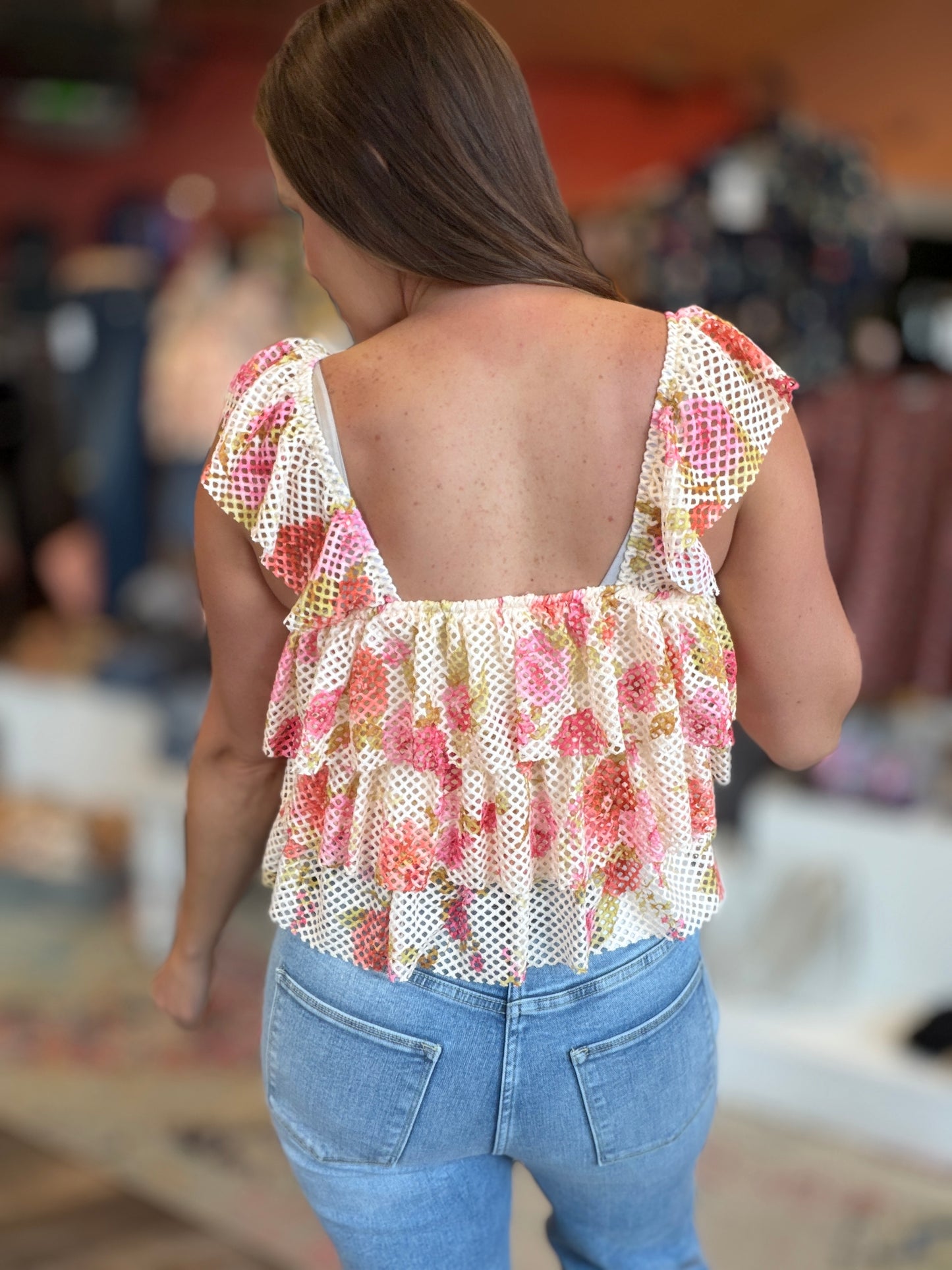 Floral Mesh Ruffle Tiered Cami Top