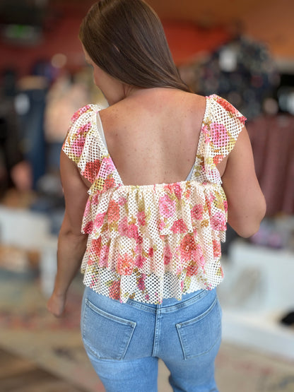 Floral Mesh Ruffle Tiered Cami Top