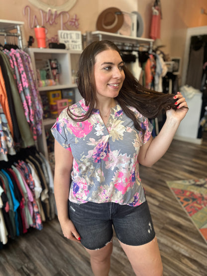 Grey and Pink Floral Short Sleeve