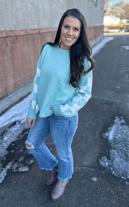 Light Blue Cozy Checkered Sweater