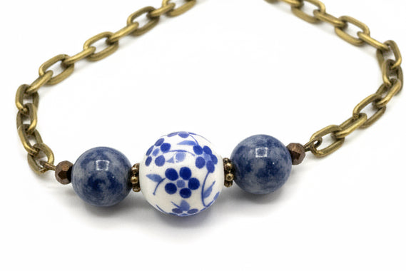 Navy Floral Beaded Necklace