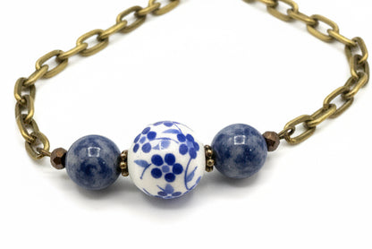 Navy Floral Beaded Necklace
