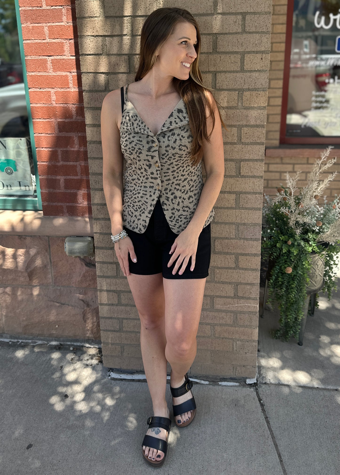 Ribbed Leopard Print Button Up Tank