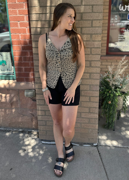 Ribbed Leopard Print Button Up Tank