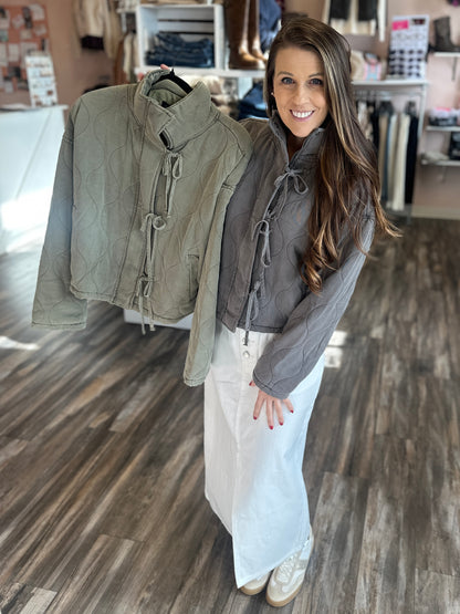 Washed Quilted Front Tie Puffer Jacket