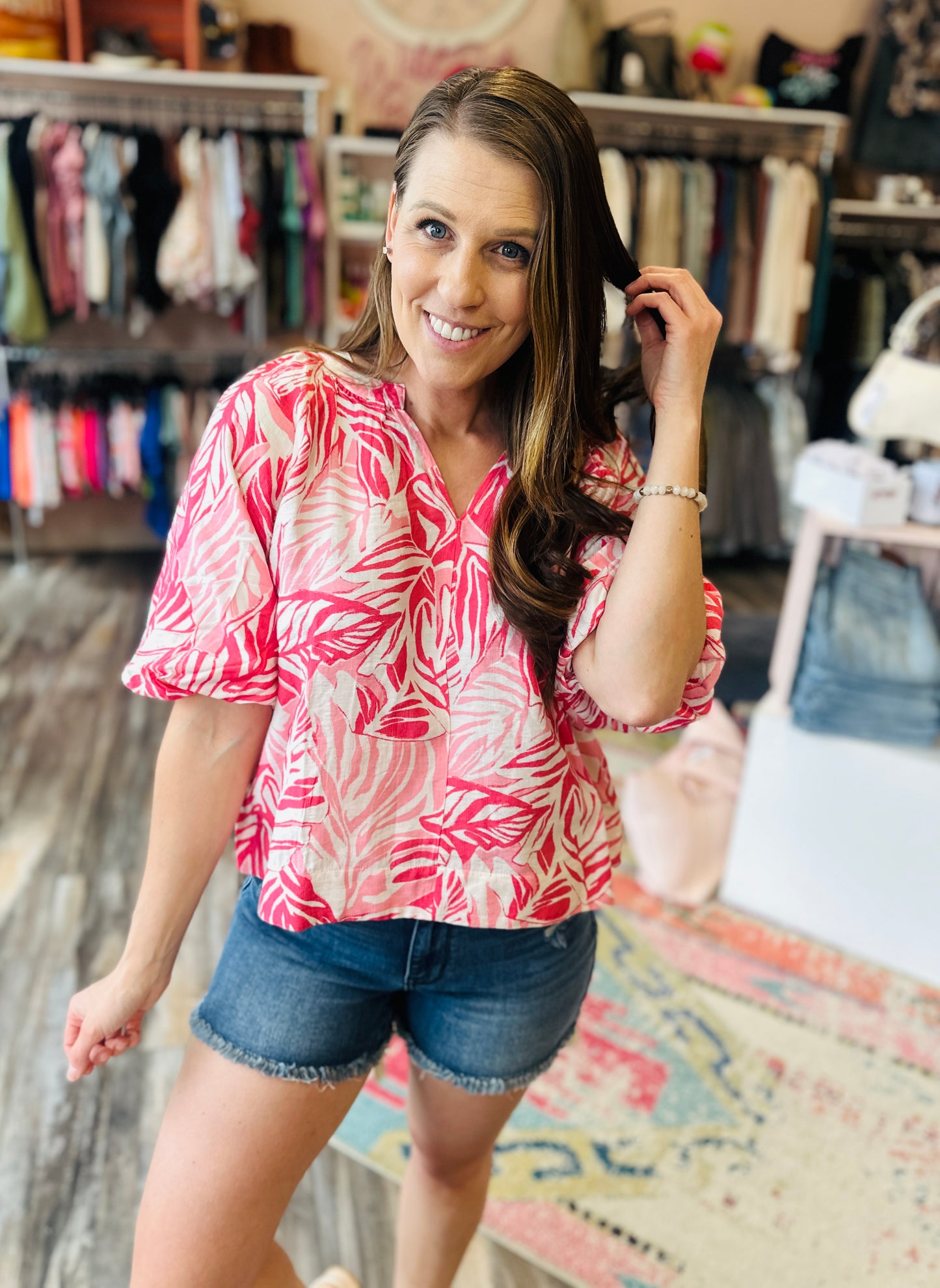 Pink Bubble Sleeve Mandain Collar Top