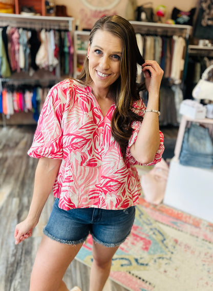 Pink Bubble Sleeve Mandain Collar Top