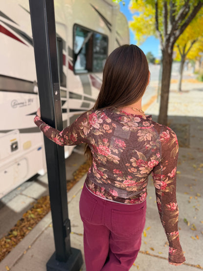 Brown and Cream Floral Mesh Long Sleeve