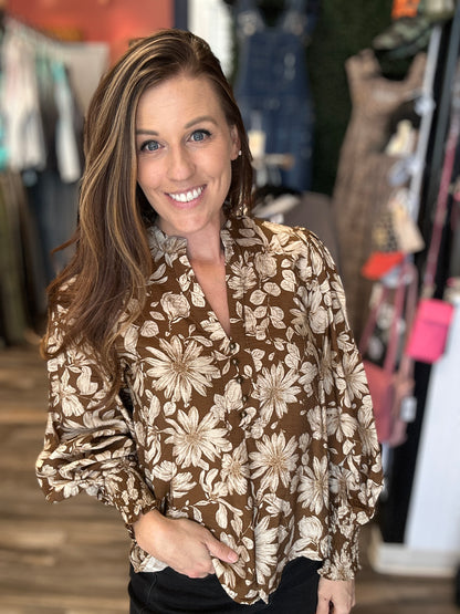Mocha Floral Long Sleeve Blouse