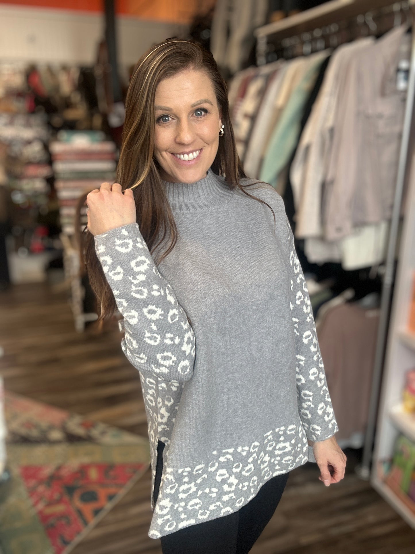 Leopard Contrast Crew Neck Sweater