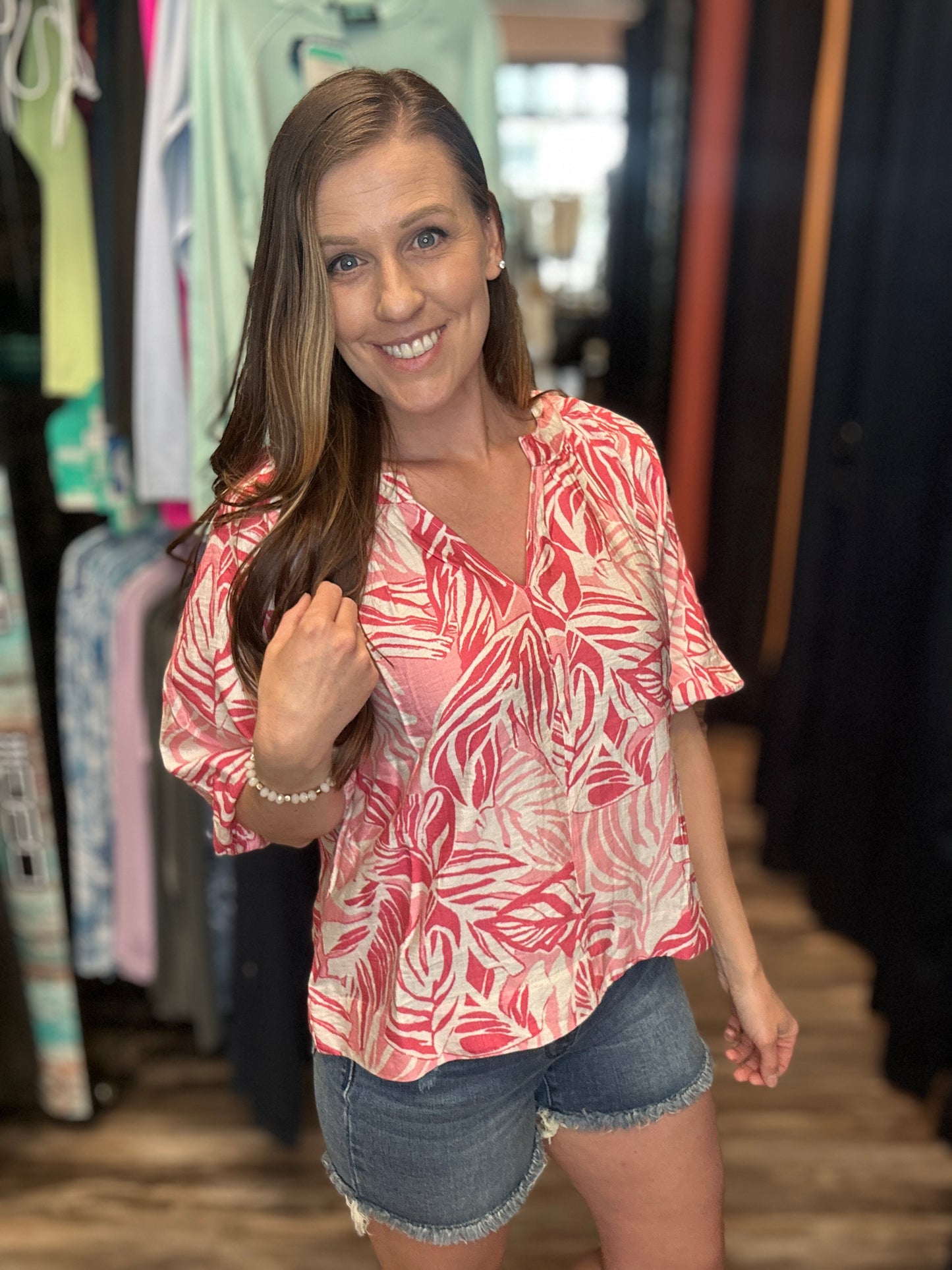 Pink Bubble Sleeve Mandain Collar Top