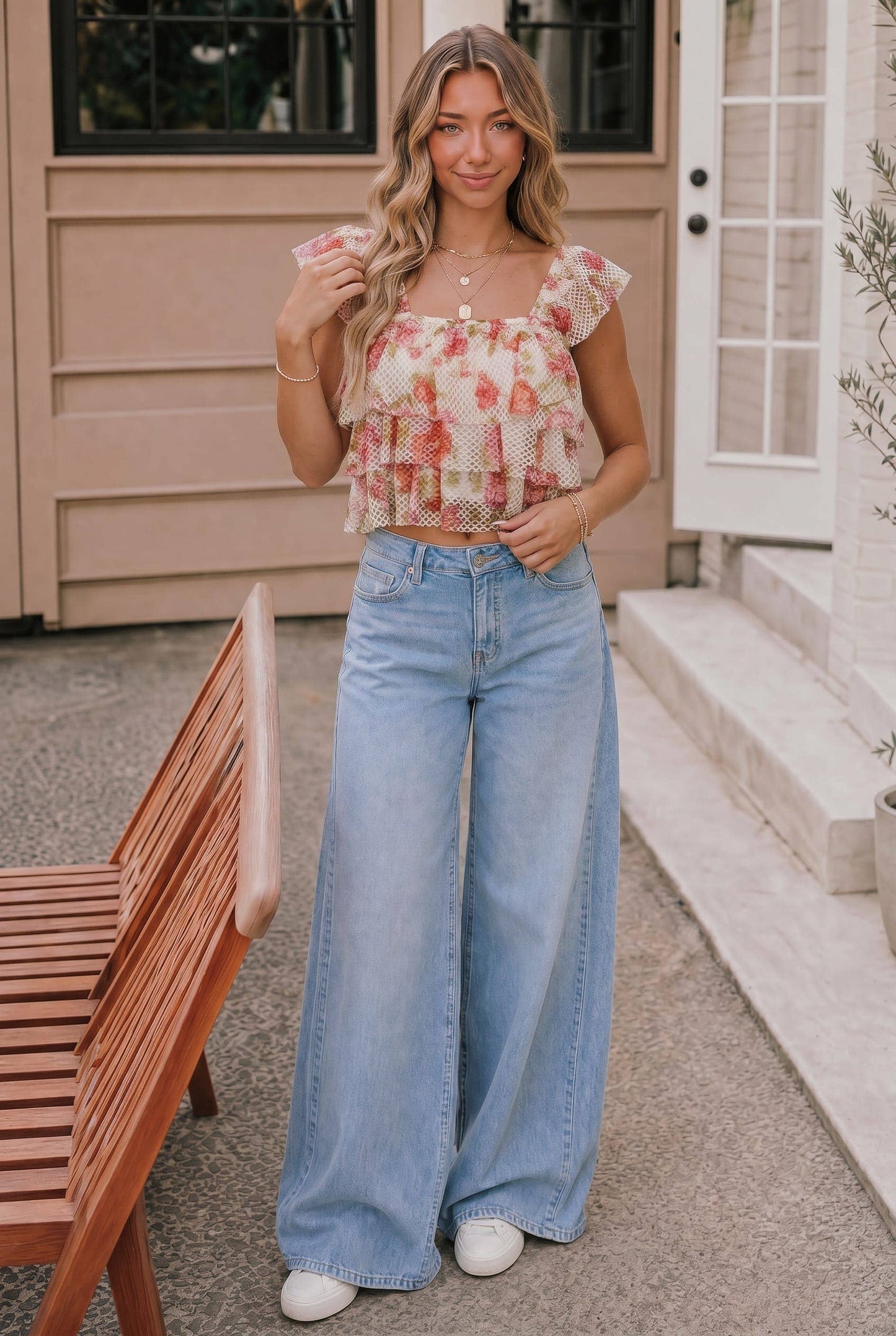 Floral Mesh Ruffle Tiered Cami Top