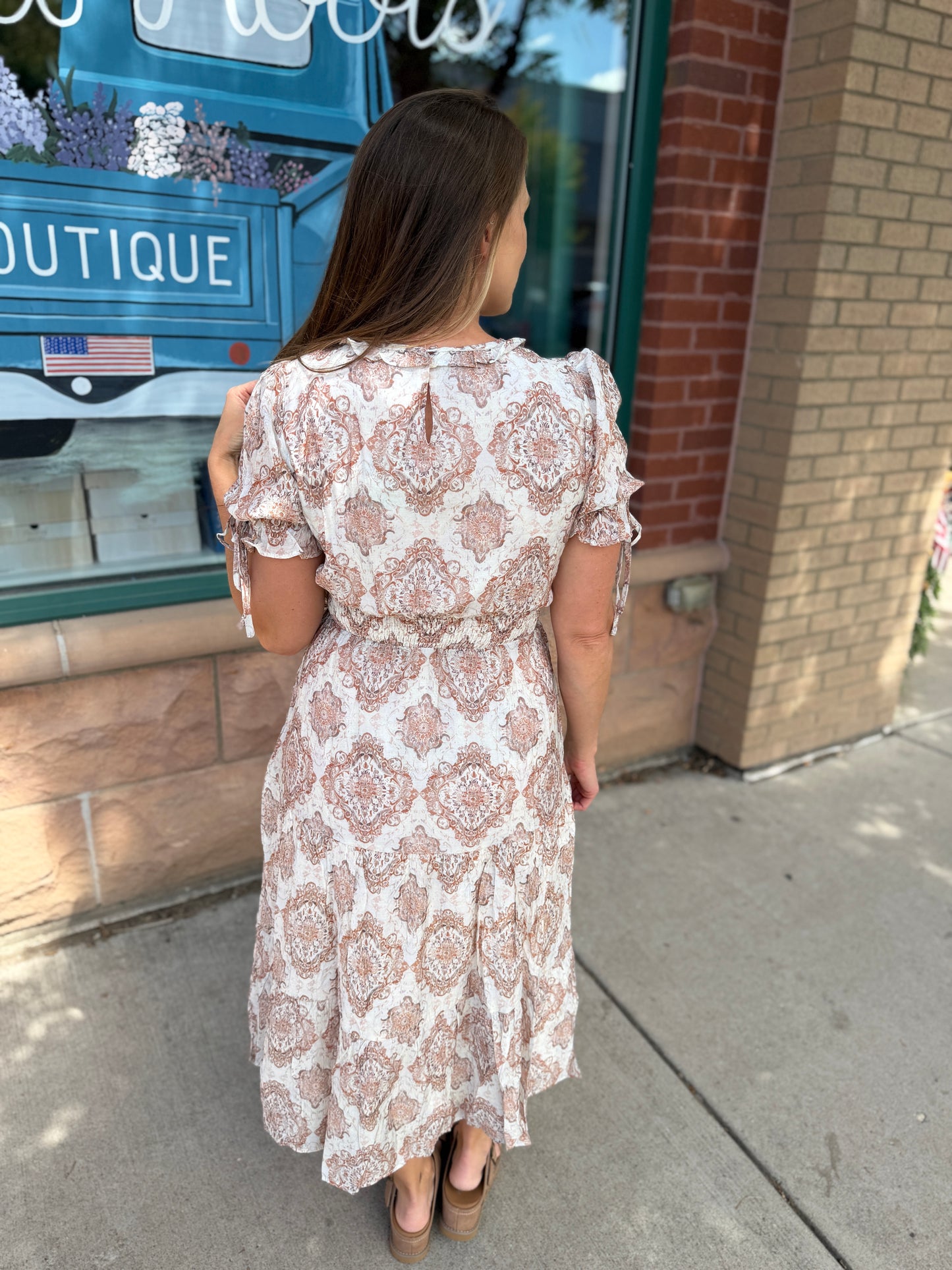 Smocked Waist Tie Sleeve Dress