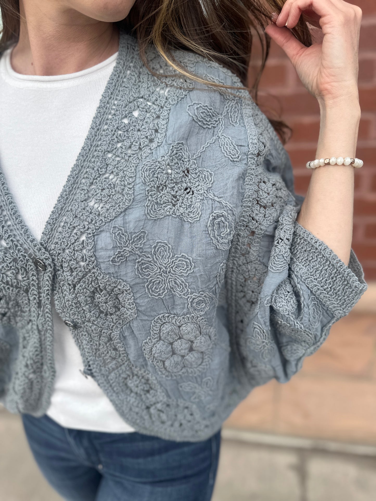 Grey Crochet Cropped Cardigan
