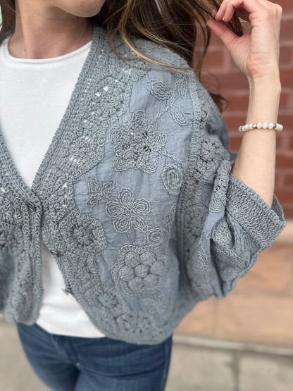 Grey Crochet Cropped Cardigan