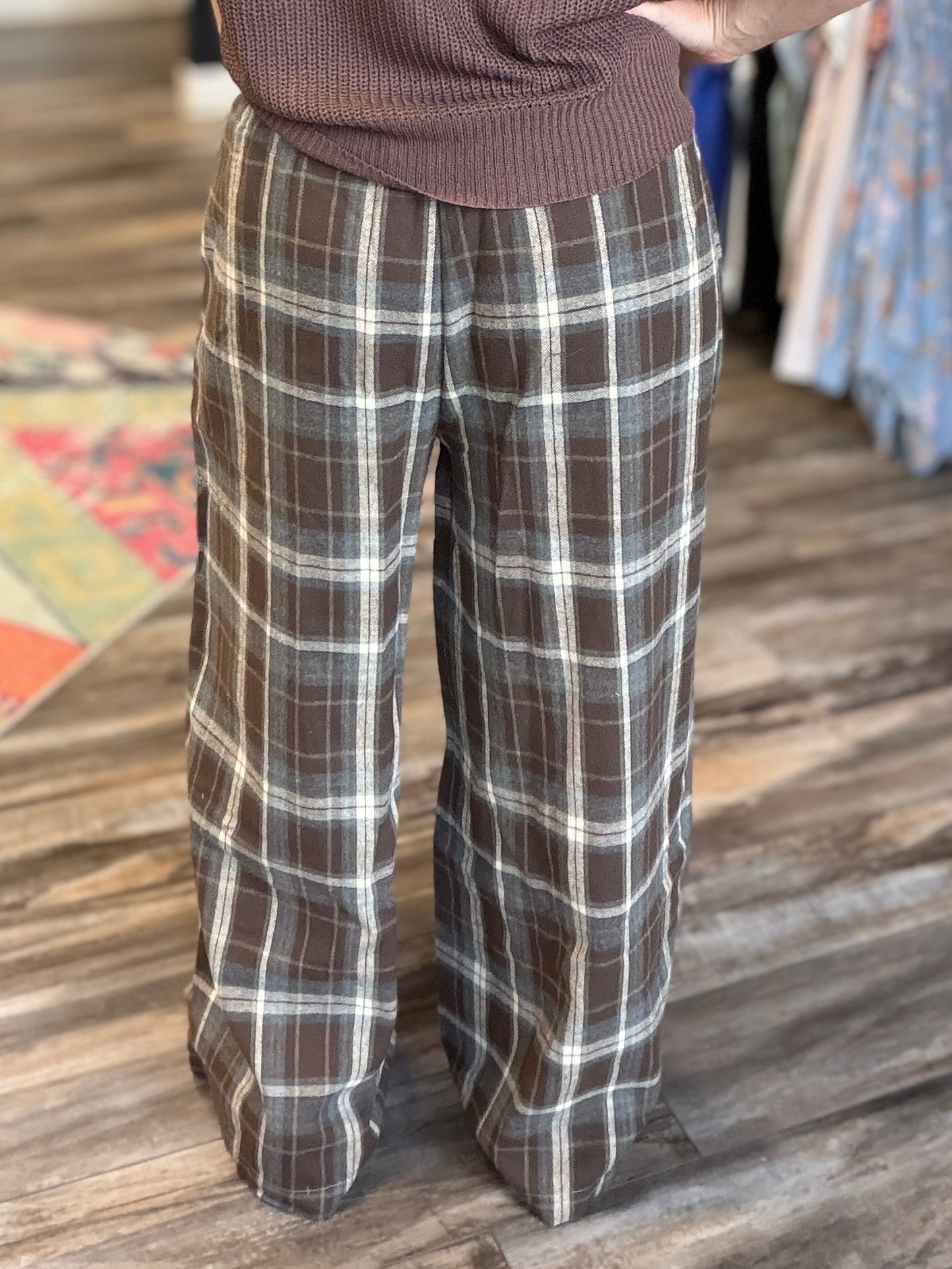 Chocolate Plaid Wide Leg Pants