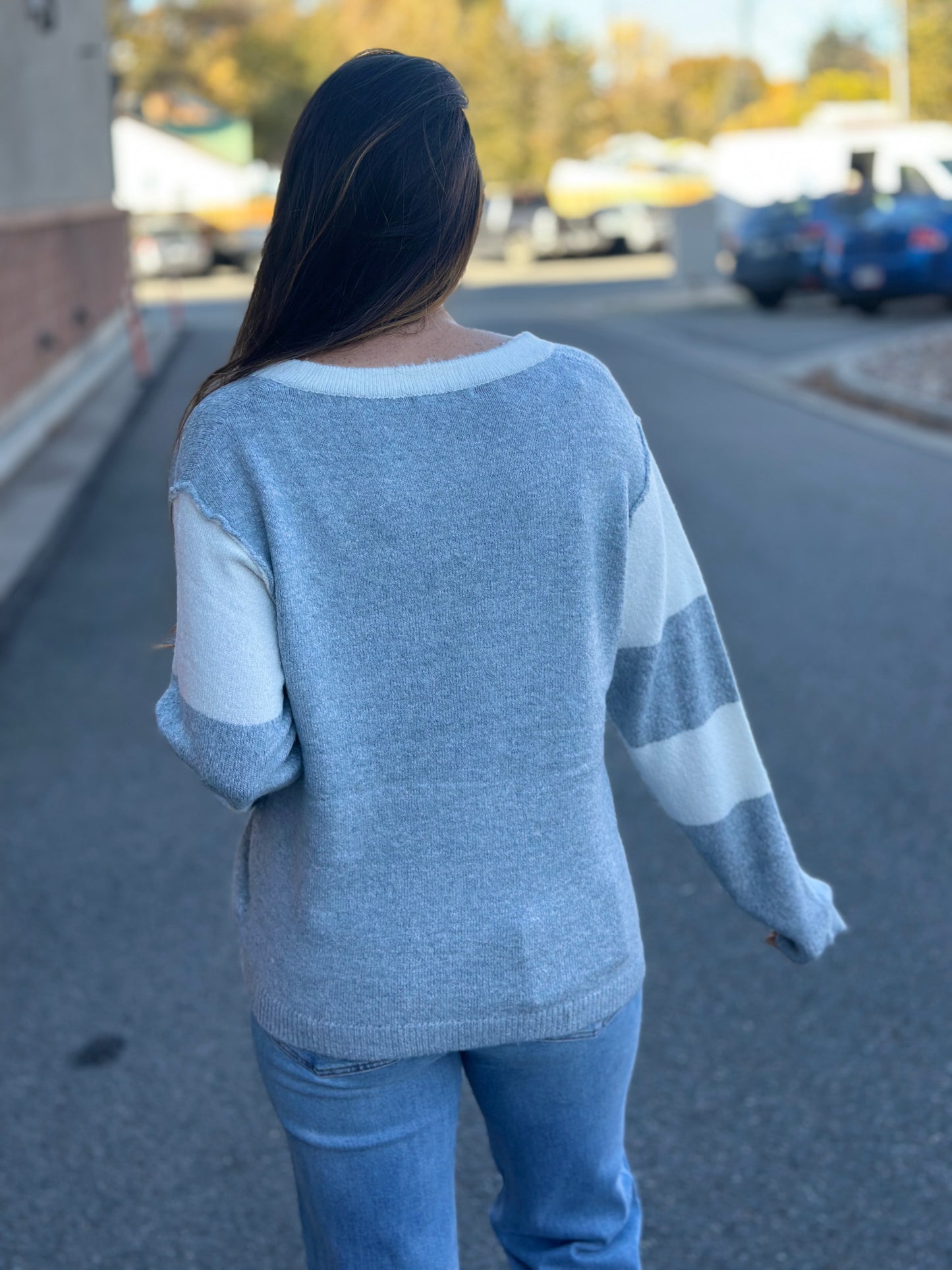 Heather Grey Sweater with Button Neckline