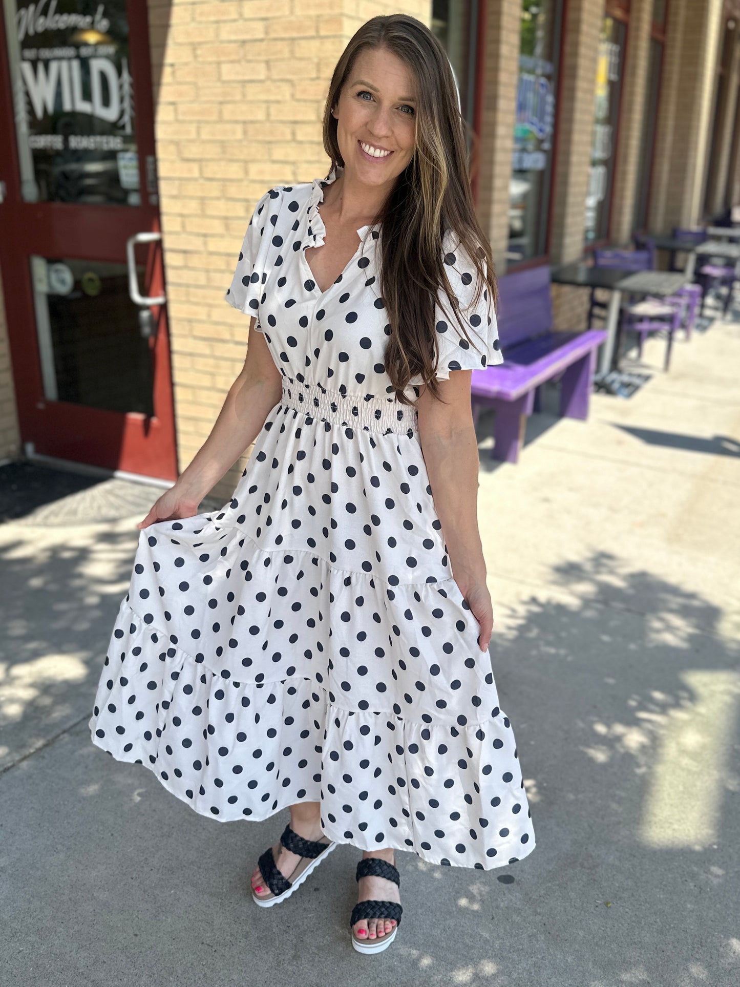 Polkadot Smocked Waist Tiered Maxi Dress