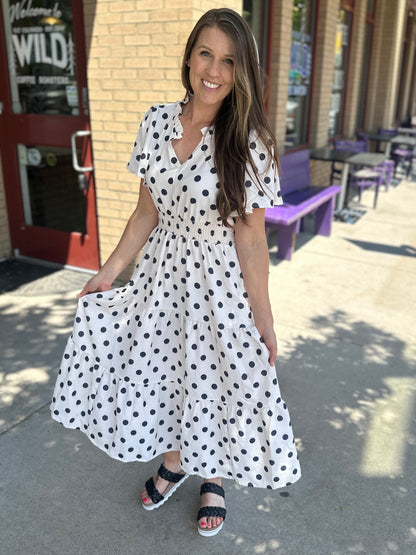 Polkadot Smocked Waist Tiered Maxi Dress