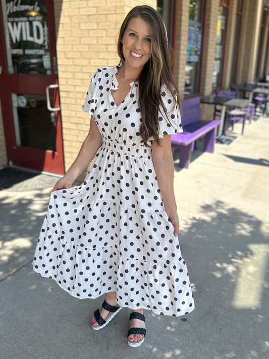 Polkadot Smocked Waist Tiered Maxi Dress