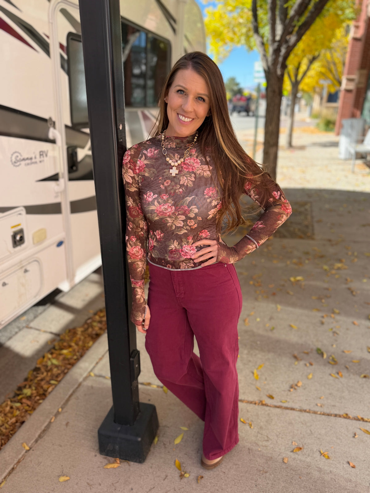 Brown and Cream Floral Mesh Long Sleeve
