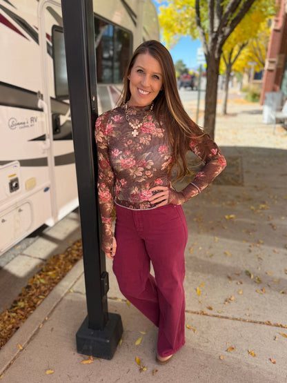 Brown and Cream Floral Mesh Long Sleeve