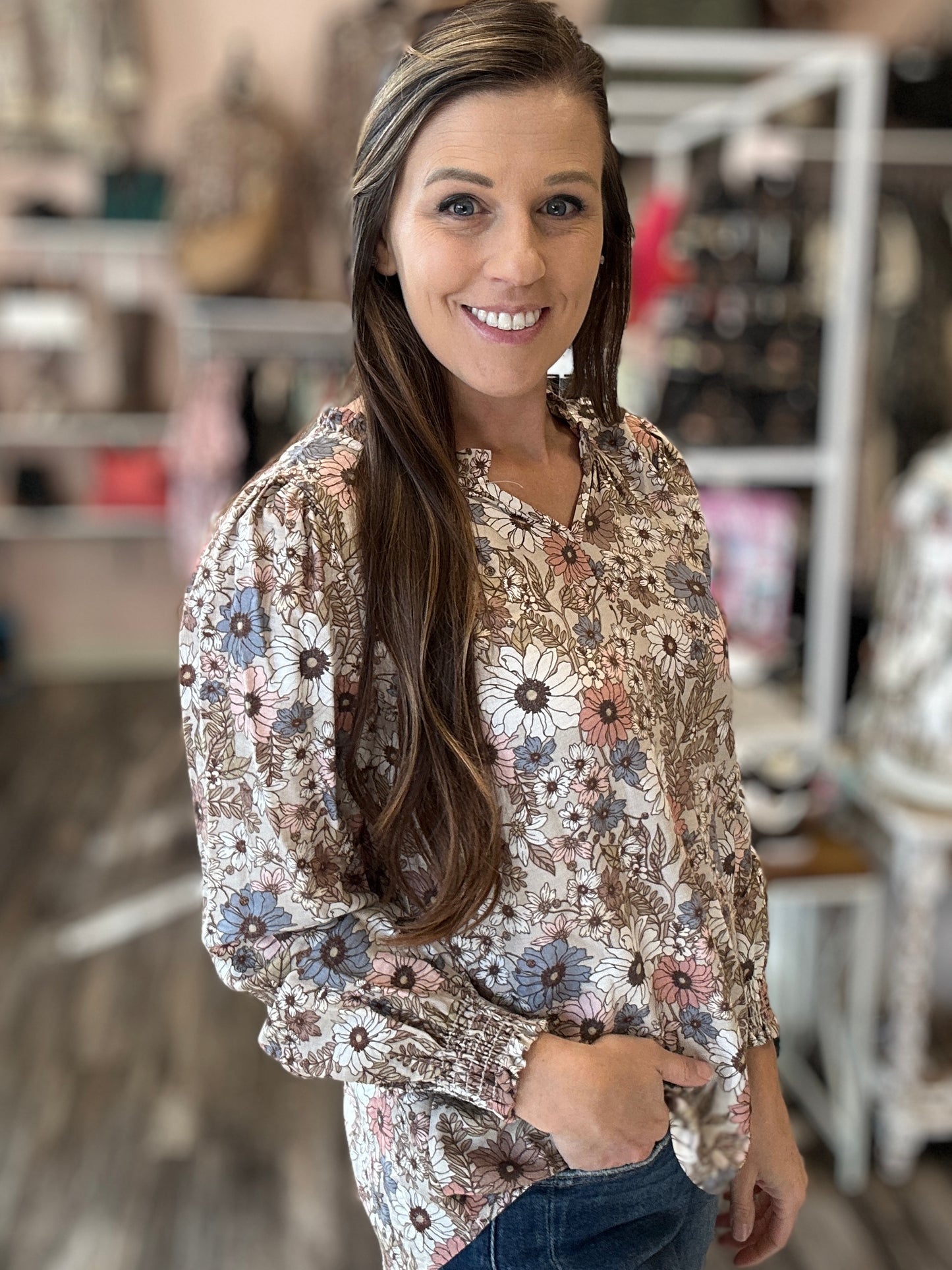 Ruffle Smocked Long Sleeve Blouse