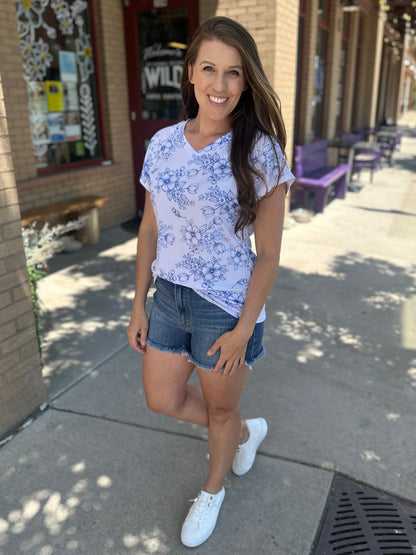 Drop Shoulder Floral Print Knit Top
