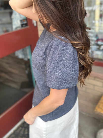 Slate Blue Textured Puff Blouse