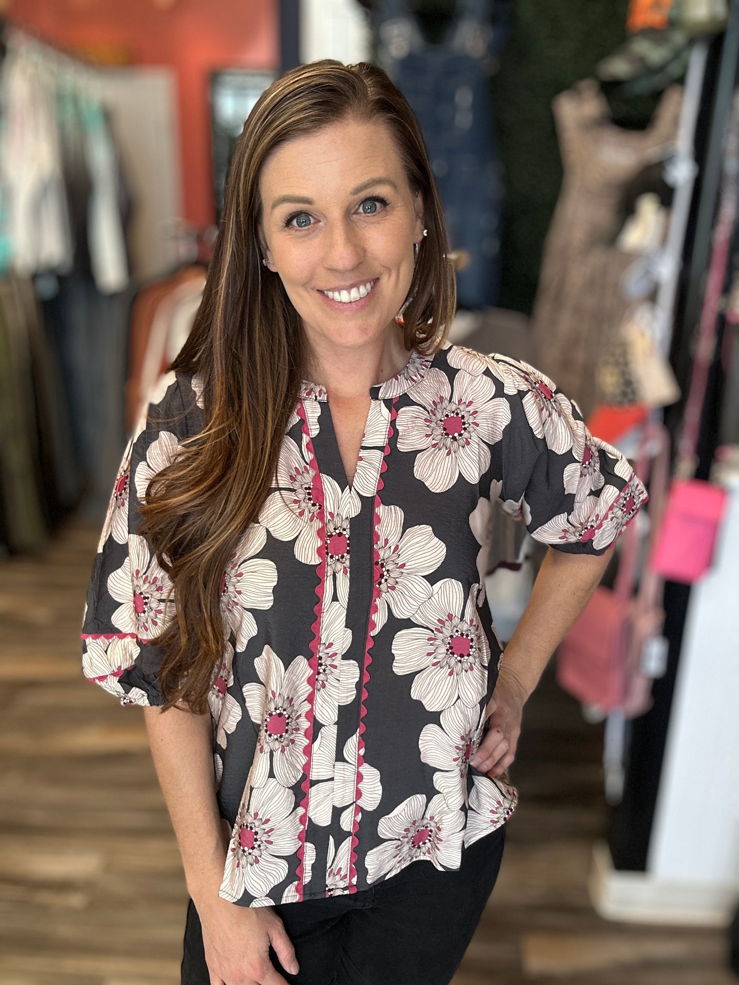 Charcoal Floral 3/4 Sleeve Blouse