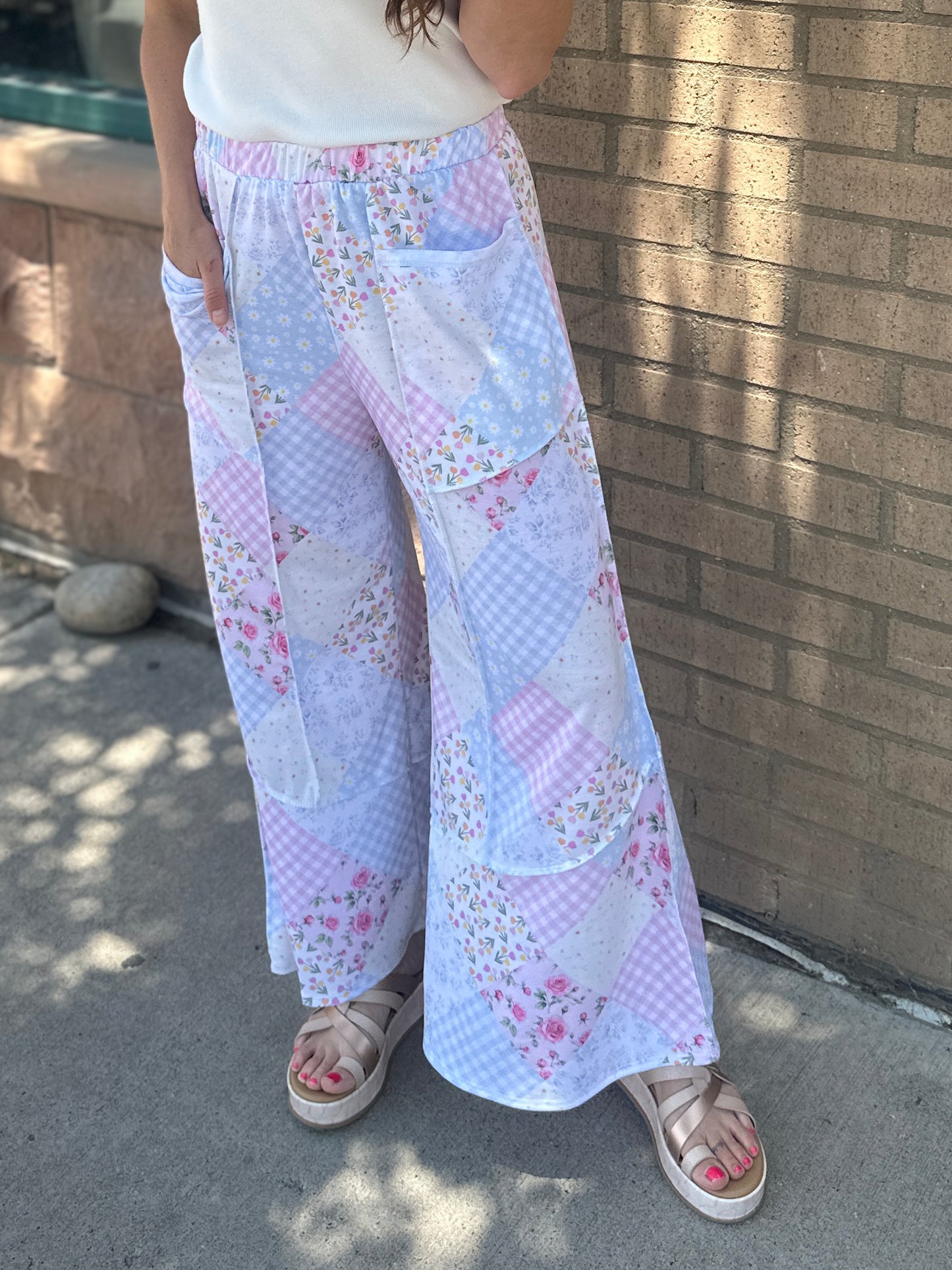 Floral Patchwork Reverse Stitch Wide Leg Pants