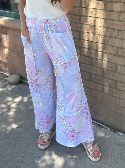 Floral Patchwork Reverse Stitch Wide Leg Pants