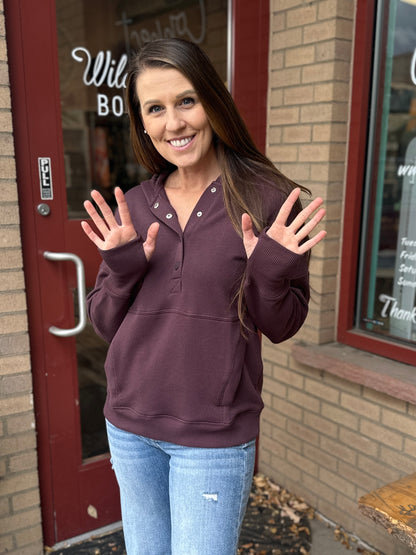 Dark Plum Half Snap Button Pullover
