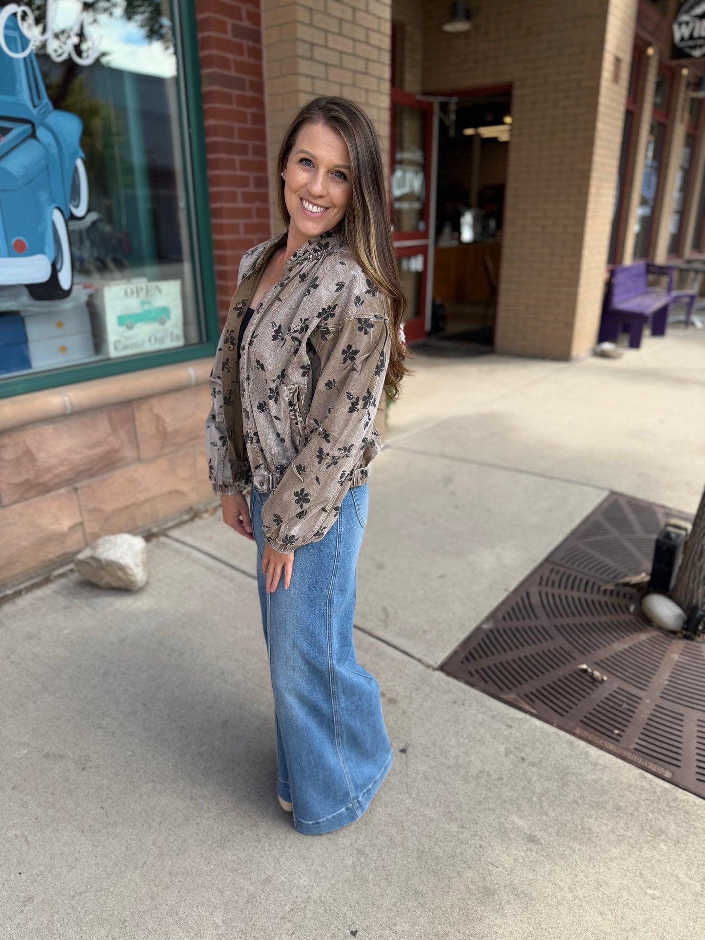 Mocha Floral Twill Puff Jacket