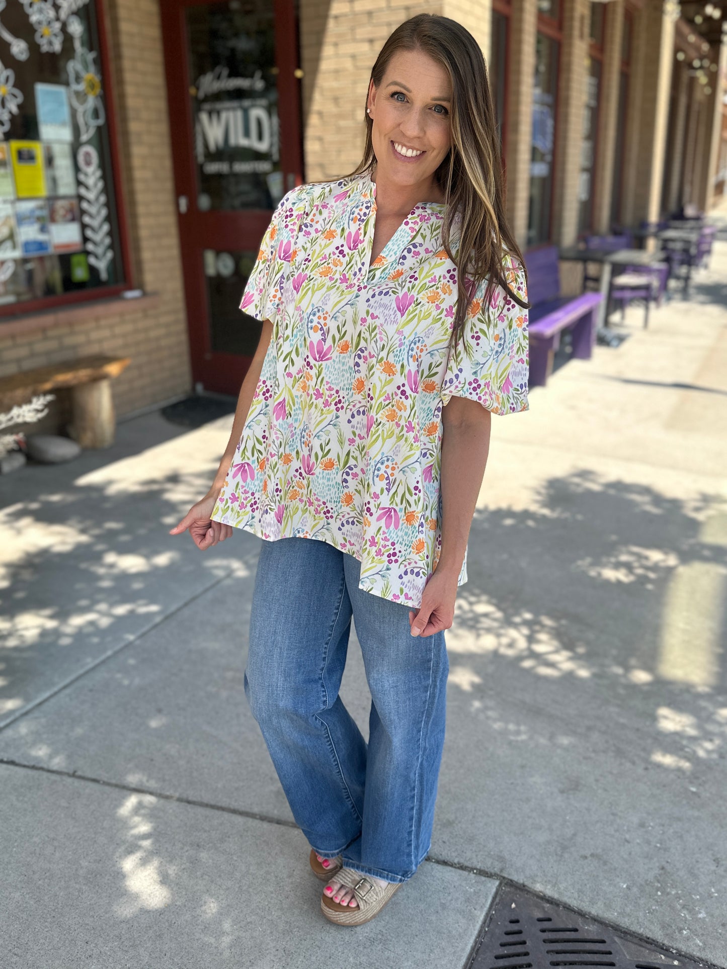 Notch Neck Puff Sleeve Floral Woven Top