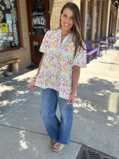 Notch Neck Puff Sleeve Floral Woven Top