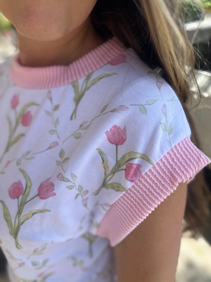 Drop Shoulder Short Sleeve Tulip Print Top