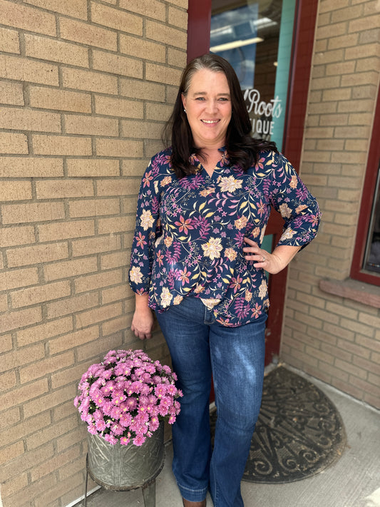 Navy & Floral 3/4 Sleeve Blouse