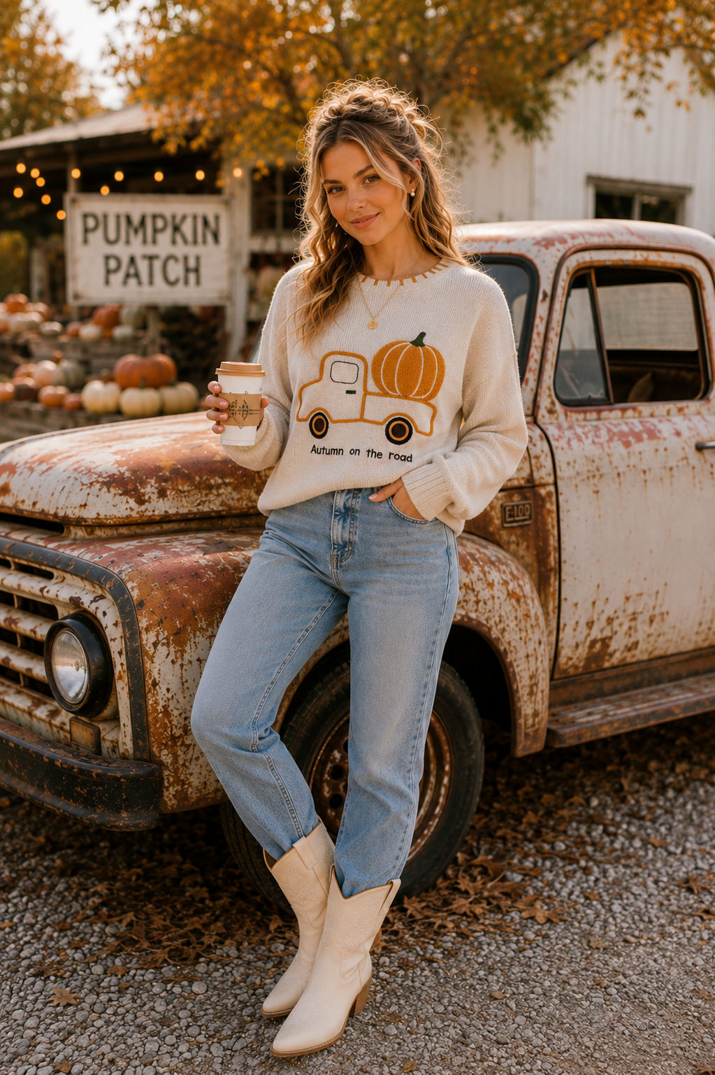 Autumn on the Road Pumpkin Truck Graphic Sweater