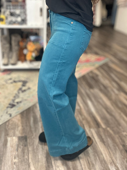 Mid Rise Teal Wide Leg Jeans