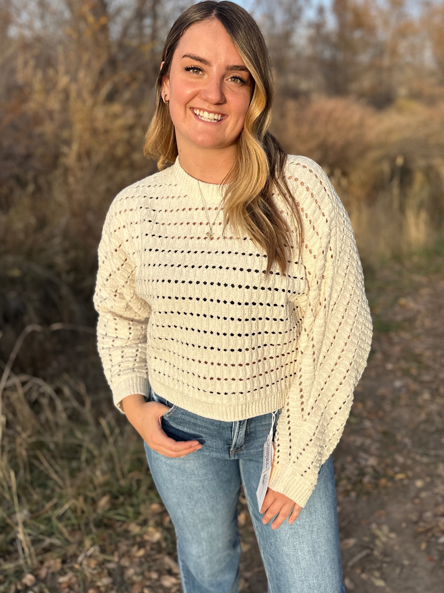 Cream Cropped Pointelle Sweater