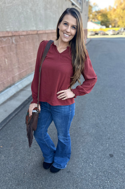 Solid Ruffle Smocked Long Sleeve Blouse