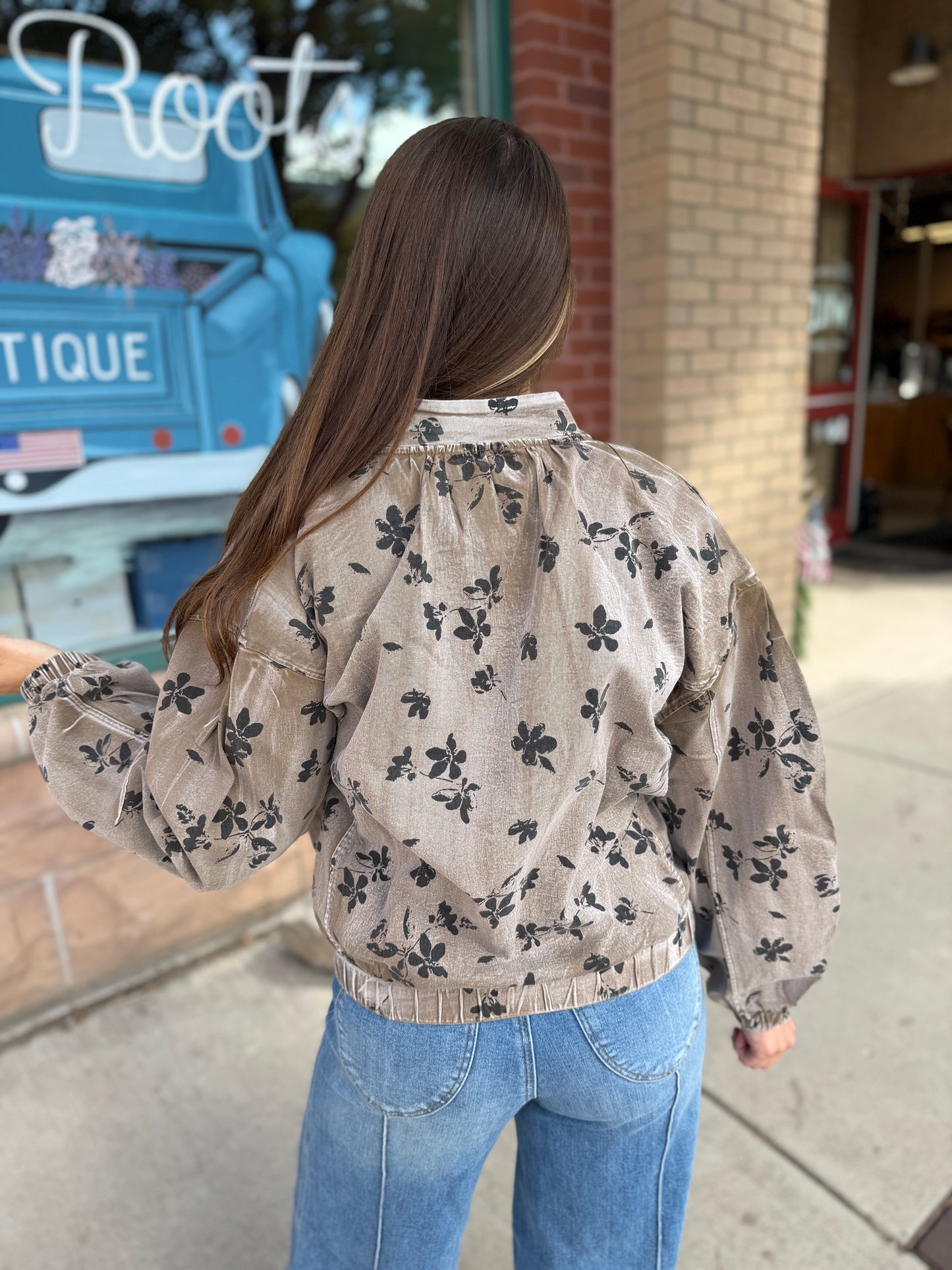 Mocha Floral Twill Puff Jacket