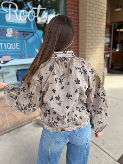 Mocha Floral Twill Puff Jacket